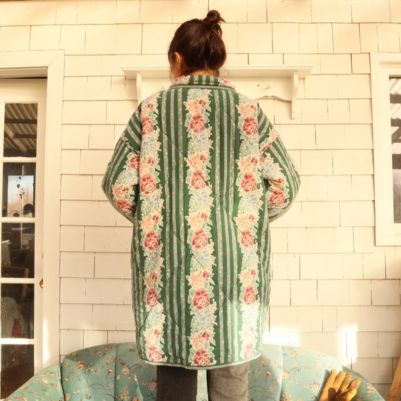 Upcycled Floral Green Quilted Women's Chore Coat Vintage L • XL - Picture 5 of 12